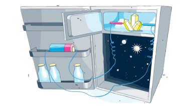 Illustration eines Kühlschranks im Weltall mit gezeichnetem Innenleben und Sternenhimmel im Hintergrund.